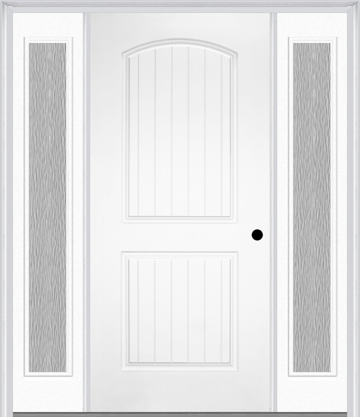 MMI 2 Panel Arch Planked 3'0" X 6'8" Fiberglass Smooth Exterior Prehung Door With 2 Full Lite Clear Or Privacy/Textured Glass Sidelights 200